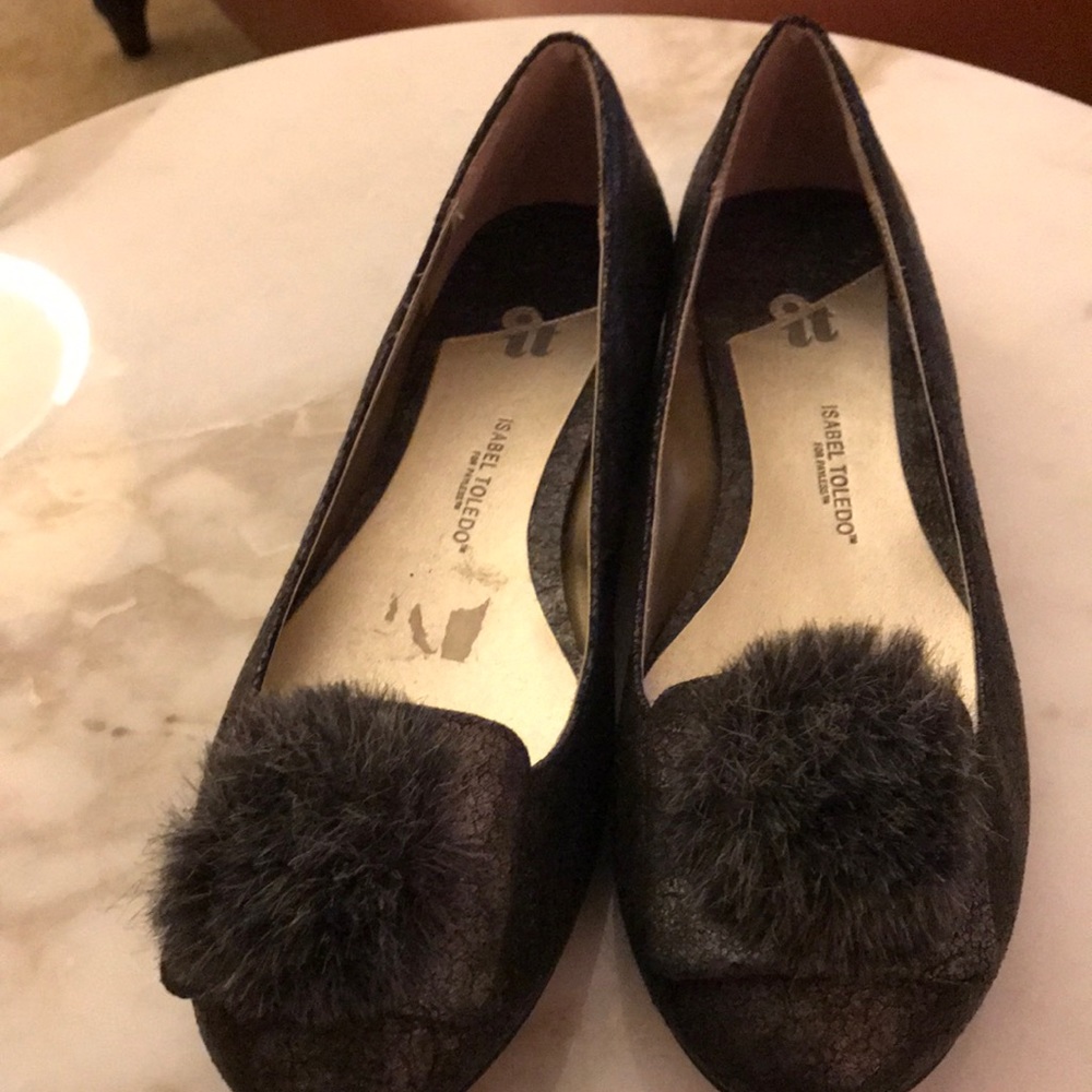 Grey Mottled Flats with Pom Pom